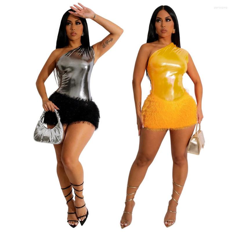 

Casual Dresses Sexy Women Mini Dress Inclined Shoulder Sleeveless Bodycon Outfits Summer Fall Patchwork Party Nightclub Wear Clothing, Yellow