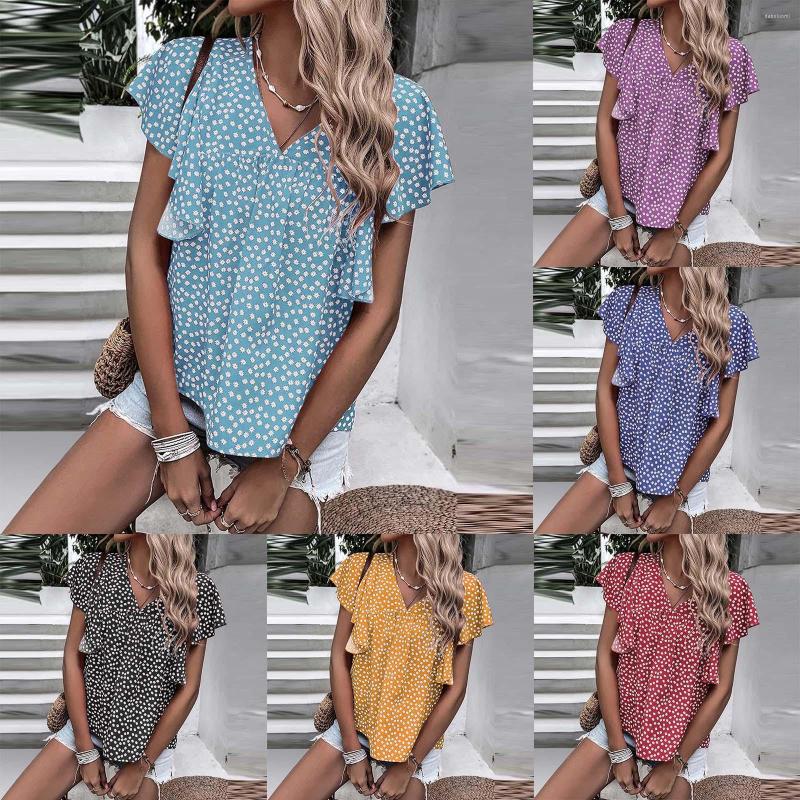 

Women's Blouses Polka Dot Printing Ruffle Sleeve Women For Work Office Boho Casual V Neck Loose Shirt Elegant Female Summer Tops Blusas, Blue