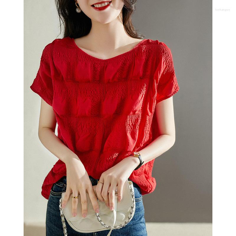

Women's Blouses Fashion O-Neck Solid Color All-match Blouse Women's Clothing 2023 Summer Loose Casual Pullovers Short Sleeve Commute, Red