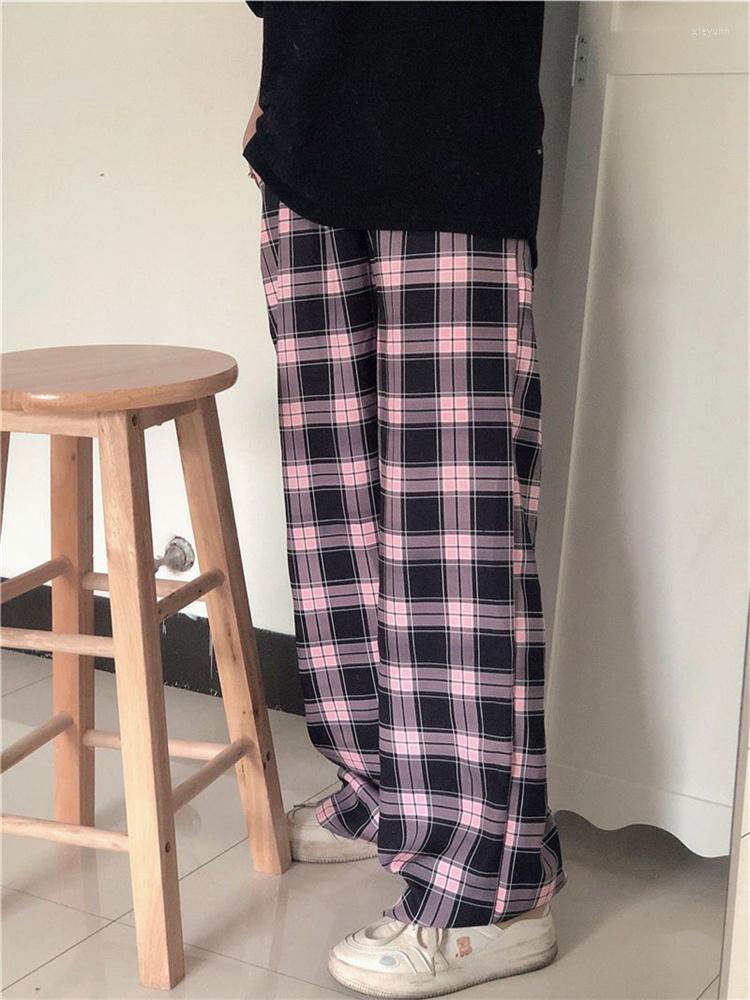 

Women's Pants QWEEK Harajuku Cute Pink Plaid Women Korean Fashion Basic Sweet Joggers Sweatpants Female Oversize Spring Checked Trousers