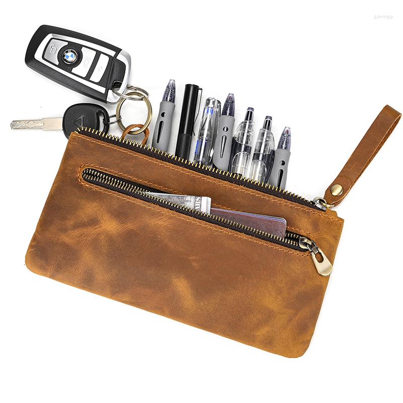 

Wallets Vintage Zipper Long Wallet For Phone Men Functional Cow Leather Pencil Card Case Crazy Horse Pen Box With Key Chain, Brown