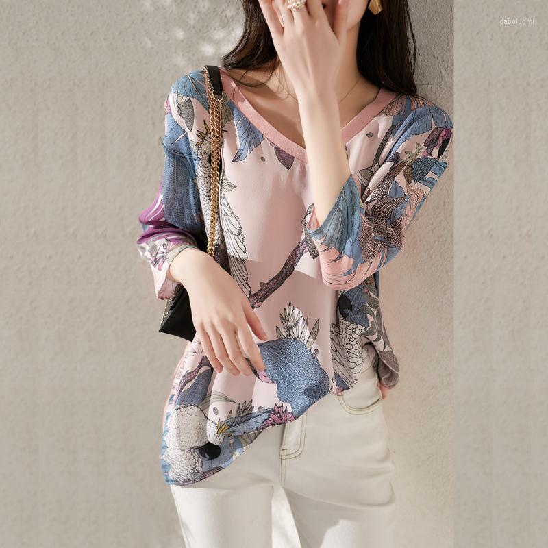 

Women's Blouses Elegant Harajuku Y2k Chiffon Women 3/4 Sleeve Shirts Summer 2023 Trend Printed V Neck Fashion Loose Casual Chic Tops, Pink