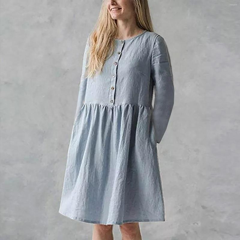 

Casual Dresses Women'S Midi 2023 Ladies Fashion Solid Color Round Neck Button Long Sleeve Shirt Dress Lady Loose Clothes, White