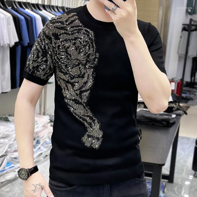 

Men's T Shirts High Quality Tiger Rhinestone Sweater Men's T-Shirt Drill Slim Fit Round Neck Knitting Short Sleeve Tee, Black