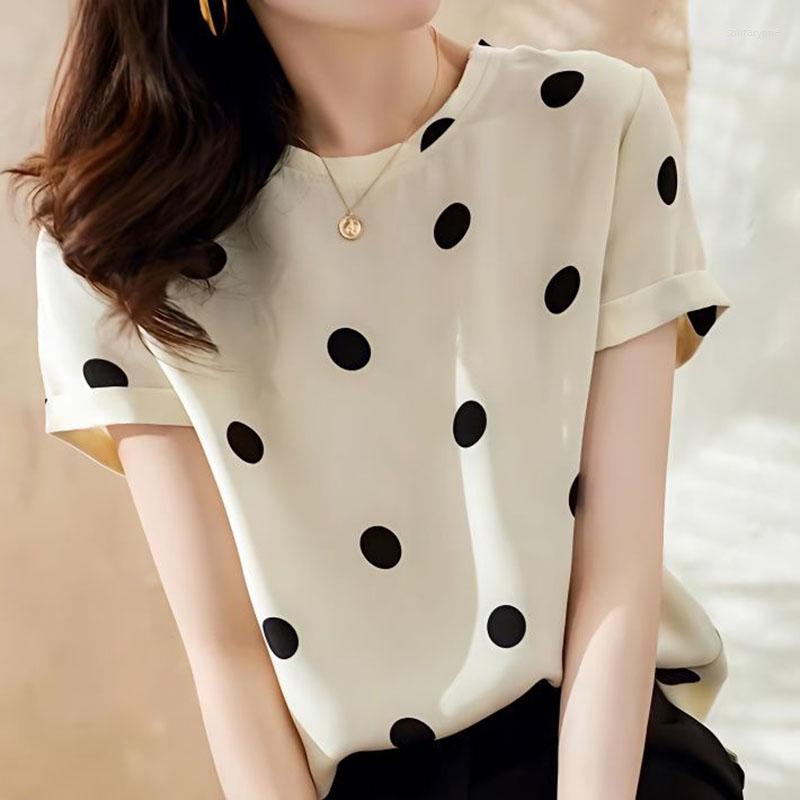 

Women's Blouses Fashion O-Neck Short Sleeve Printed Polka Dot Blouse Women's Clothing 2023 Summer Oversized Casual Pullovers Korean, Beige