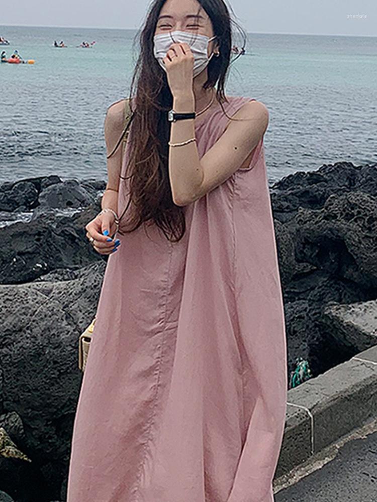 

Casual Dresses Women Simple O Neck Back Pleated Vest Dress Loose Solid Color Sleeveless Maxi 2023 Summer Ladies Rode H153, Gray