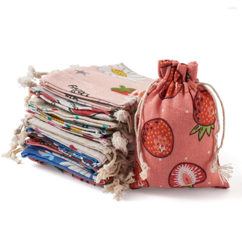 

Jewelry Pouches 50Pcs Cotton & Linen Rectangle Gift Bags Fruit Pattern Drawstring For Packaging Shopping Storage Mix Color