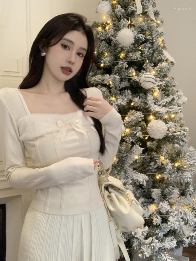 

Women' T Shirts Cute T-shirt Women Spring Square Collar Long Sleeve Bow Slim Tops Bottoming TShirt For Sweet Girl, Beige tee