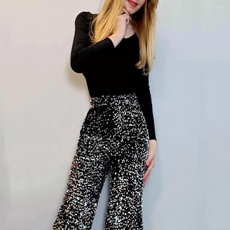 

Women' Pants The Women' Fashion Trendy Sparkling Gold Relaxation Of Tall Waist Wide-legged Casual Loose Trousers, Black