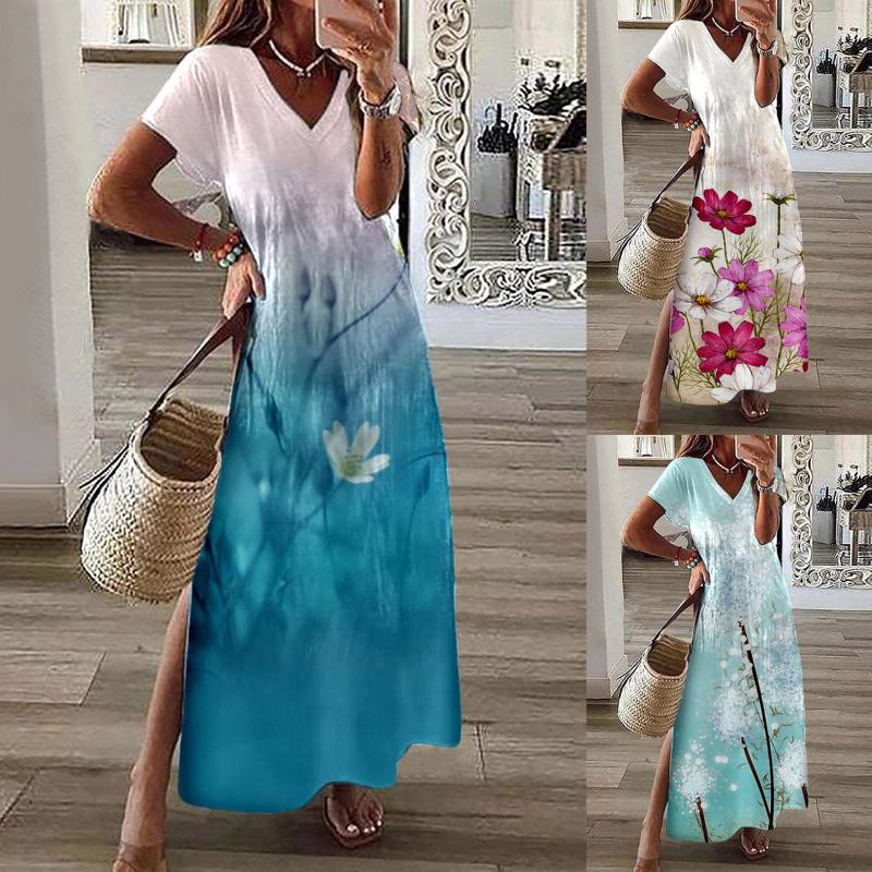 

Casual Dresses Women Spring And Summer Short Sleeved V Neck Dress With For Sexy Long, Blue