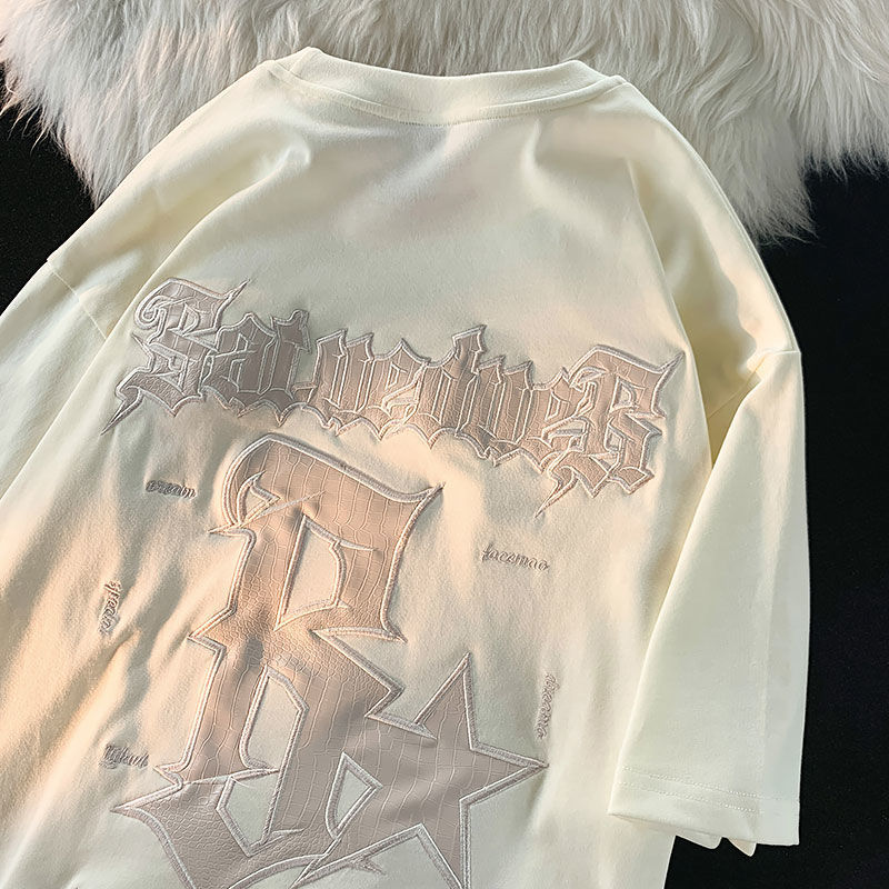 

Men' TShirts Pure cotton retro pattern patch embroidery short sleeved Tshirt women summer ins loose couple top trend men clothing 230414, Apricot