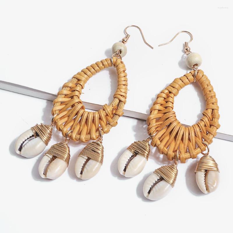 

Dangle Earrings Summer Bohemia For Women Handmade Straw Weave Rattan Shell Drop Oval Ocean Wind Bamboo Jewelry