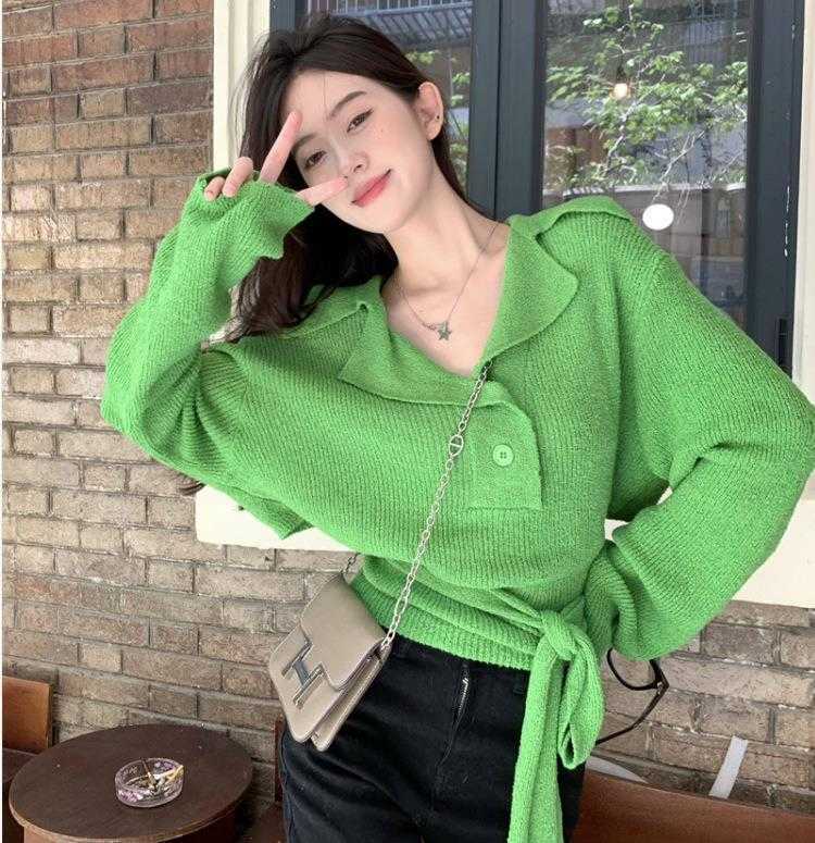 

Polo Collar Lace Sweaters Up Fashionable Knitwear Autumn Elegant Loose Slimming, Black