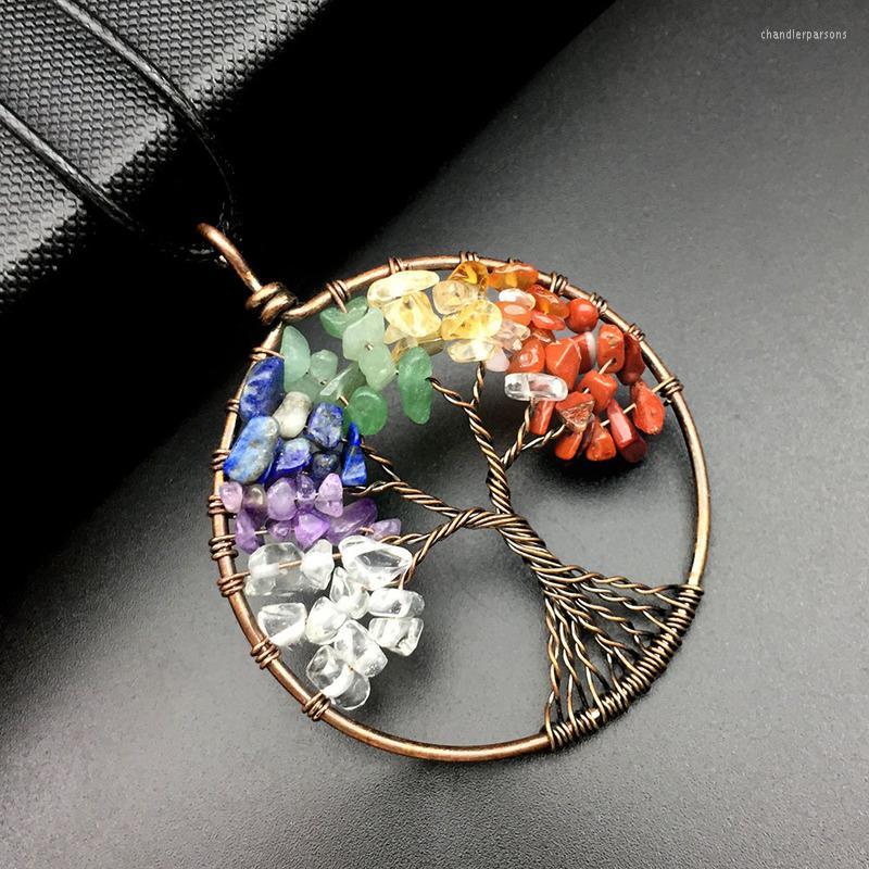 

Pendant Necklaces Tree Of Life Necklace Pendulum 7 Chakra Natural Stone Wire Wrap Reiki Healing Leather Rope Chain Amulet Jewelry