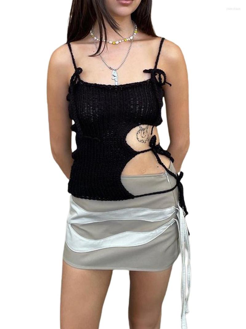 

Women' Tanks Women' Summer Knit Sling Vest Solid Color Sleeveless Backless Hollow Out Camisole, Black