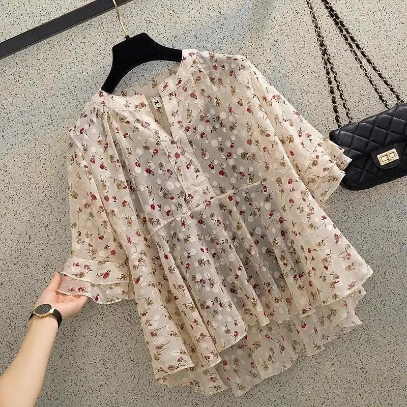 

Women' T Shirts 2023 Seaside Holiday Floral Printing Ruffle Half Short Sleeve Blouse Office Lady Casual Loost Fit O Neck Clothes Women Tops, Yellow