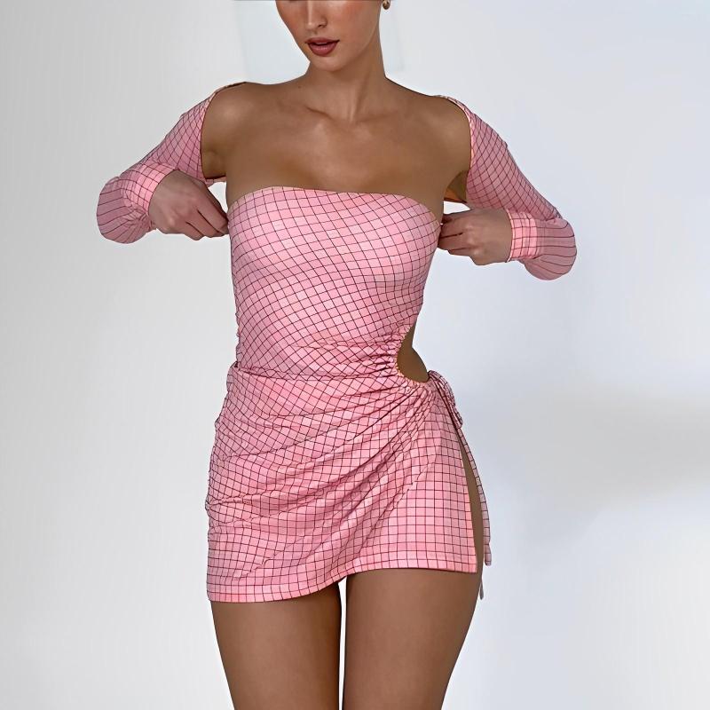 

Casual Dresses Women Elegant Split Sexy Dress Short Bodycon Long Sleeve Strapless Plaid Print Drawstring Tube Party Outfits, Pink