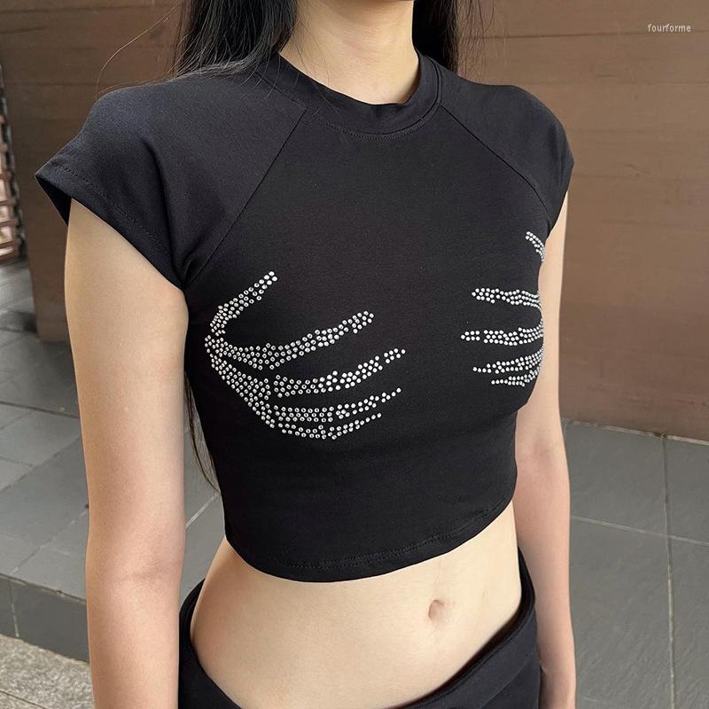 

Women's T Shirts Woman Clothing Basic Round Neck Ironed Diamond Exposed Navel T-shirt 2023 Y2k Streetwear Slim Fit All-match Short-sleeved, Black