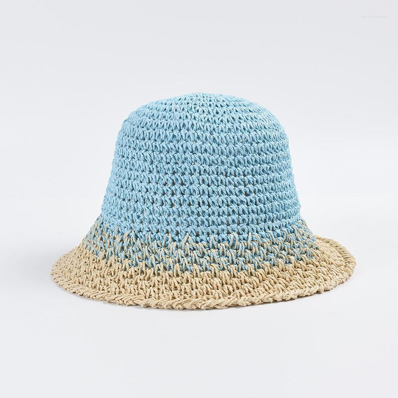 

Wide Brim Hats 2023 Japanese Gradient Color Straw Crocheted Bucket Hat Women's Spring Summer Casual Sunshade Beach Foldable Hollow, White