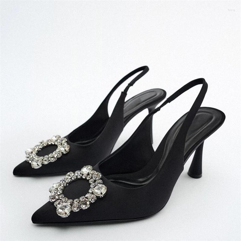 

Sandals TRAF Women Black High Heel Pumps Rhinestone Pointed Toe Heeled Comfort Slingback For Plus Size Heels 2023