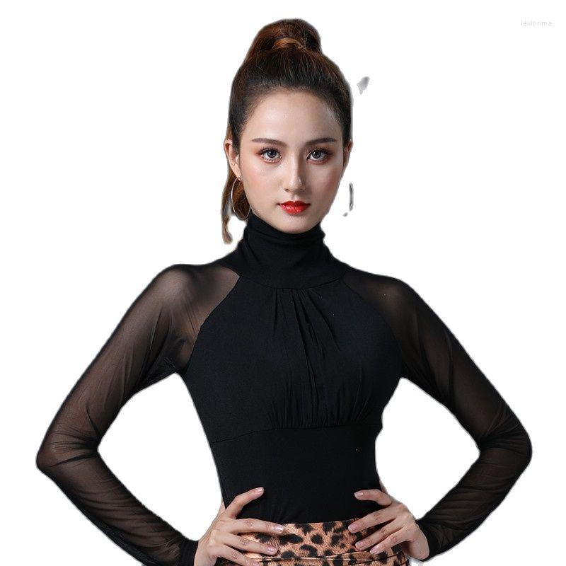 

Stage Wear High Neck Latin Dance Top For Women Fringe Ballroom Standard Stretch Long Sleeve Practice Costume Female Adult, White long sleeves