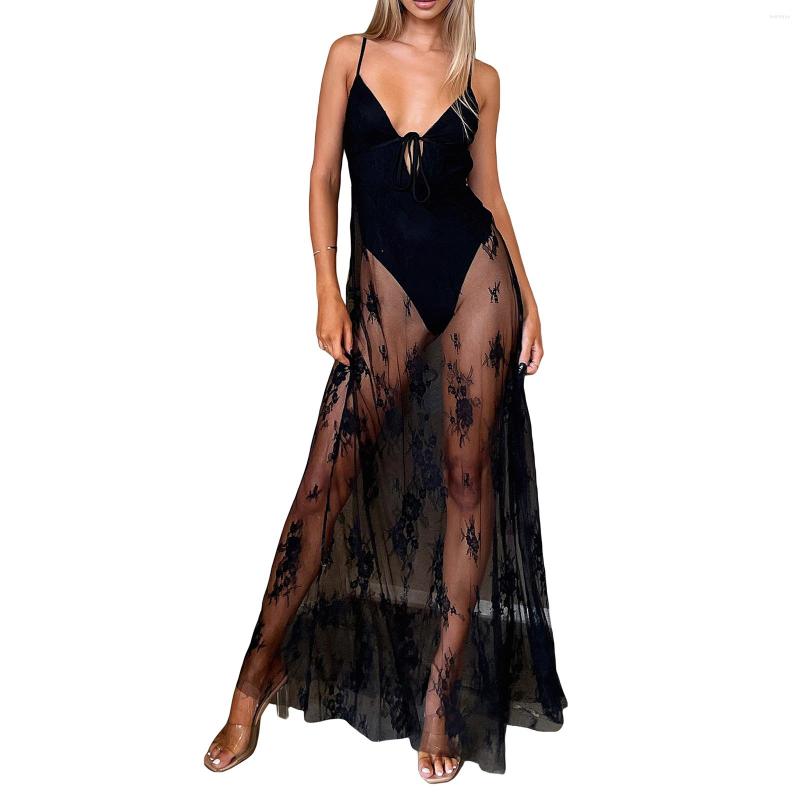 

Casual Dresses Women Fashion Sling Mesh Patchwork Sleeveless V Neck See Through Solid Color Club Party, Black