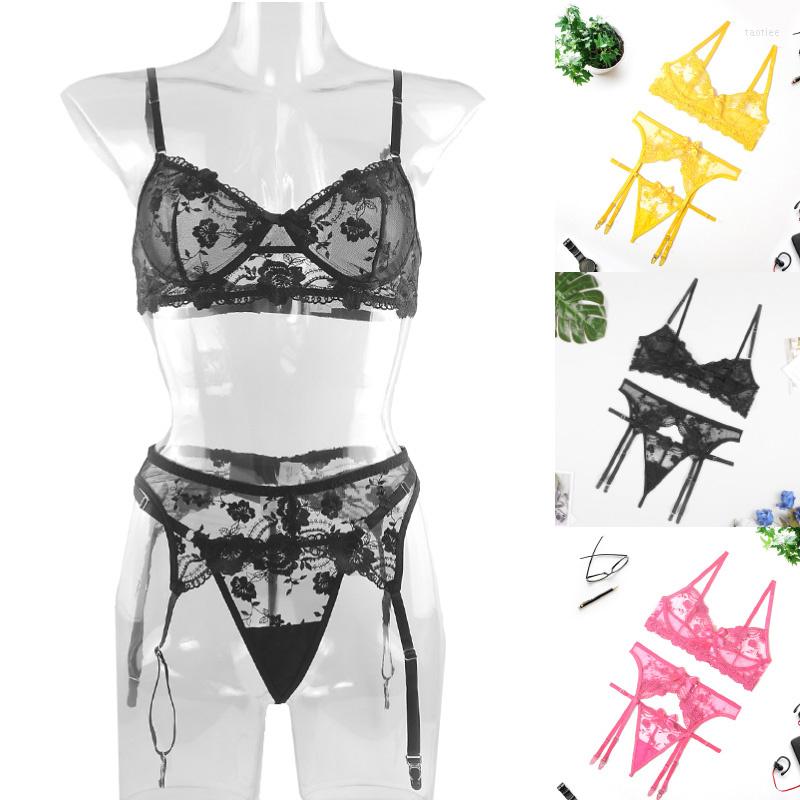 

Bras Sets Embroidered Flower Sheer Mesh Lingerie Set Women's Lace Breathable Gathered Underwire Big Bow Bra And Garter Panties 3PS, Black