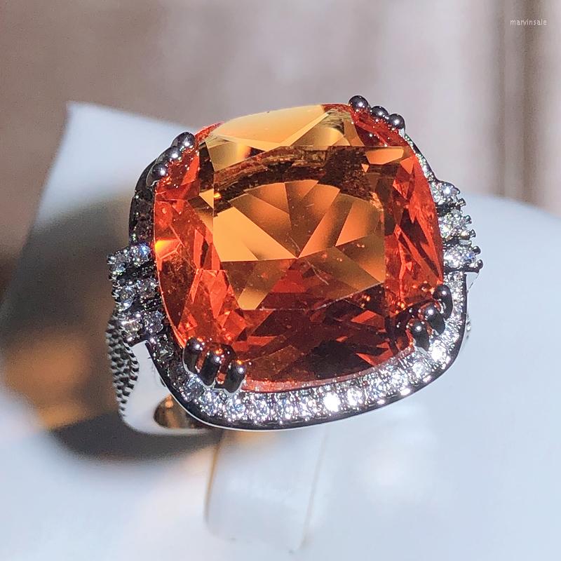 

Cluster Rings Square Large Orange Gem Ring Bohemian Style Wedding For Women Micro-inlaid Zircon Party Jewelry Engagement