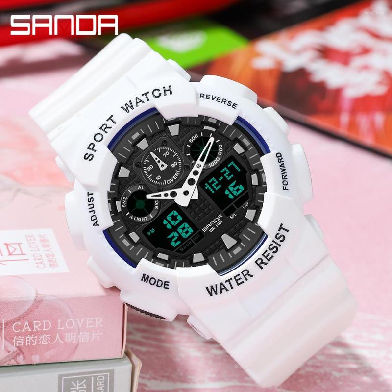 

Wristwatches SANDA Multifunctional Sports Watch Waterproof Luminous Dual Movement Quartz Electronic Fashion Couple For Men Women3, White