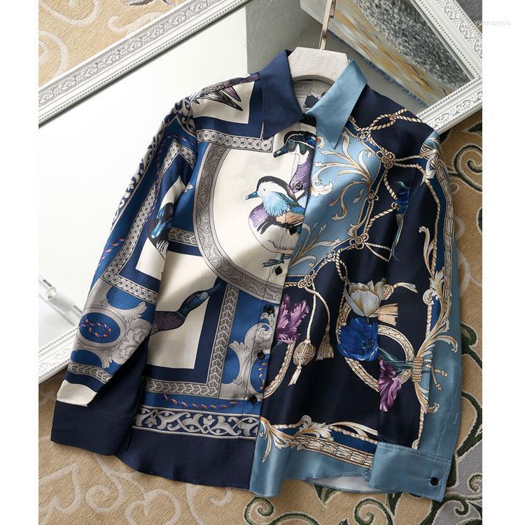 

Women' Blouses Twill Faux Silk Print Totem Shirt Women Long Sleeve Blouse Tops Camisas, Blue