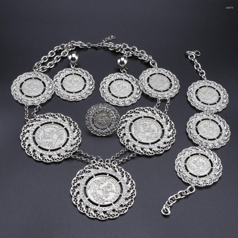 

Necklace Earrings Set African Dubai Gold Silver Color Crystal Bangle Ring Women Italian Bridal Wedding Accessories, Picture shown