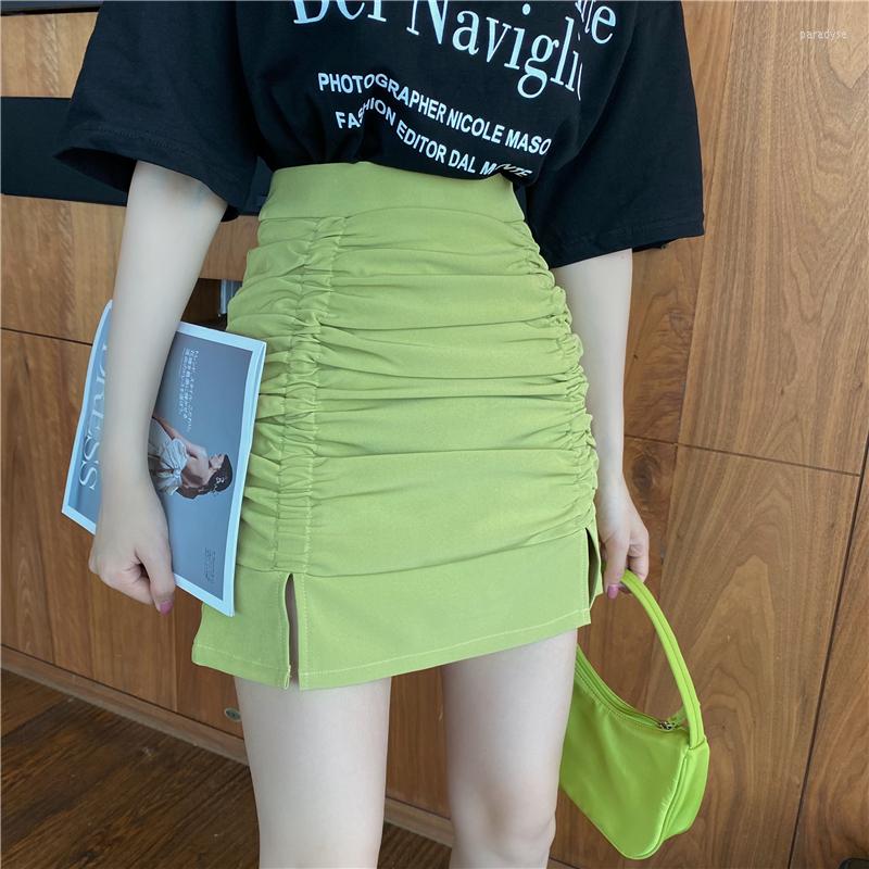 

Skirts Female Split High Waist Shirring Sexy A-line Club Skirt Elegant Women Korean Skinny Pencil Green Summer Folds Mini, Black