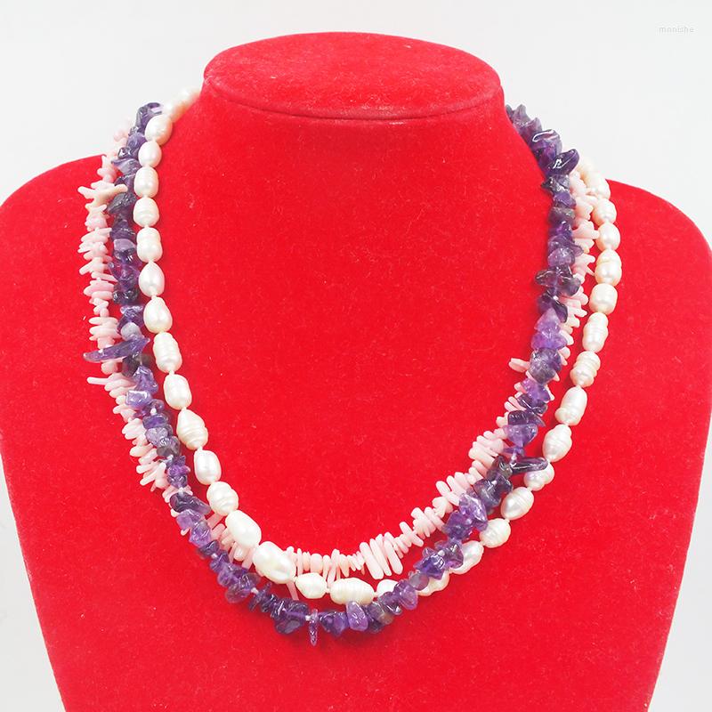 

Choker 3 Strands Of Natural Coral/pearl/crystal Very Beautiful Combination Necklace 18"