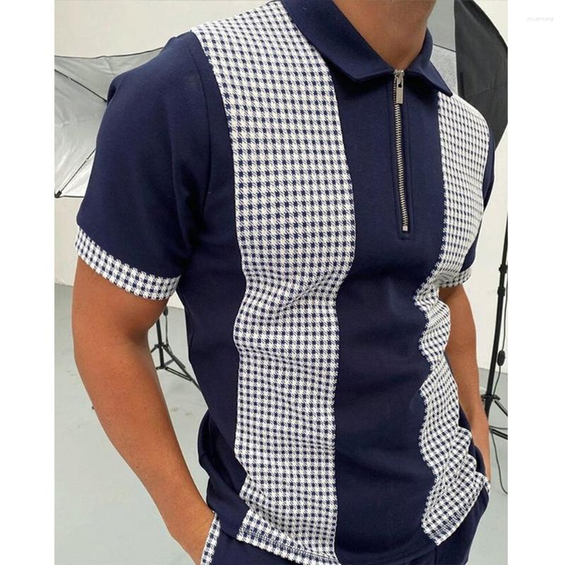 

Men's T Shirts POLO Shirt Zipper Checkered Color Matching Men's T-shirt Top, Pls-2