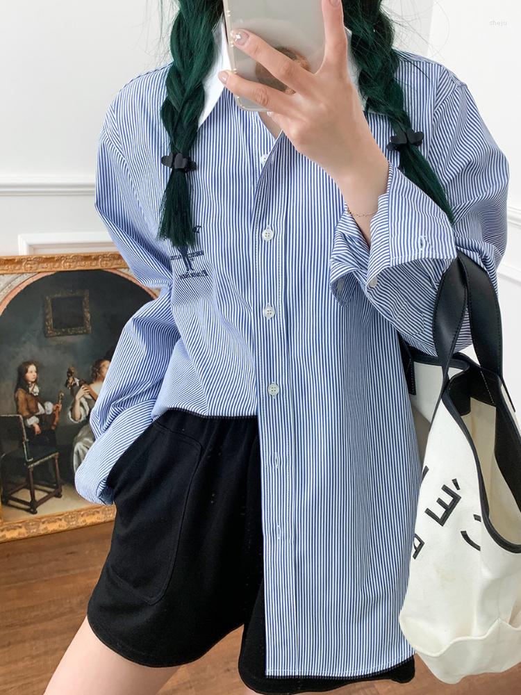 

Women' Blouses 2023 Summer Women' Loose Lapel Striped Embroidered Three-color Shirt, White