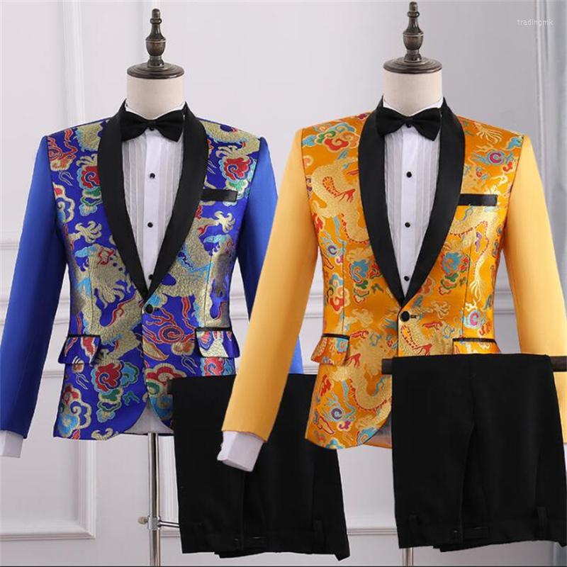 

Men' Suits Chinese Style Men Suit Set With Pants Host Wedding Arrival Slim Formal Dress Groom Singer Stage Terno Masculino Gold Blue