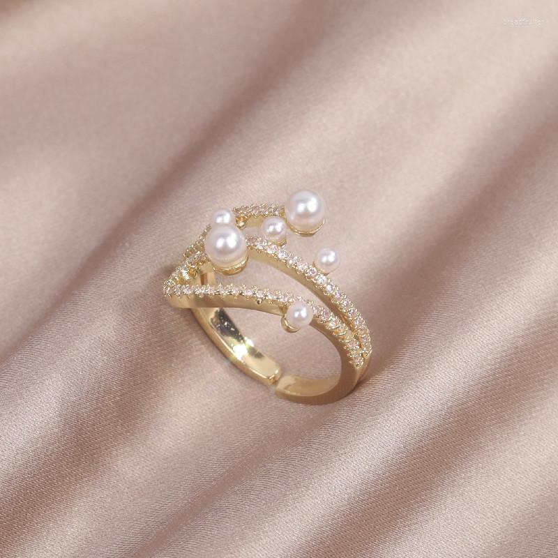 

Cluster Rings Korea 14K Real Gold Electroplating Zircon Multilayer Imitation Pearl Ring Elegant Women's Daily Work Opening Adjustable