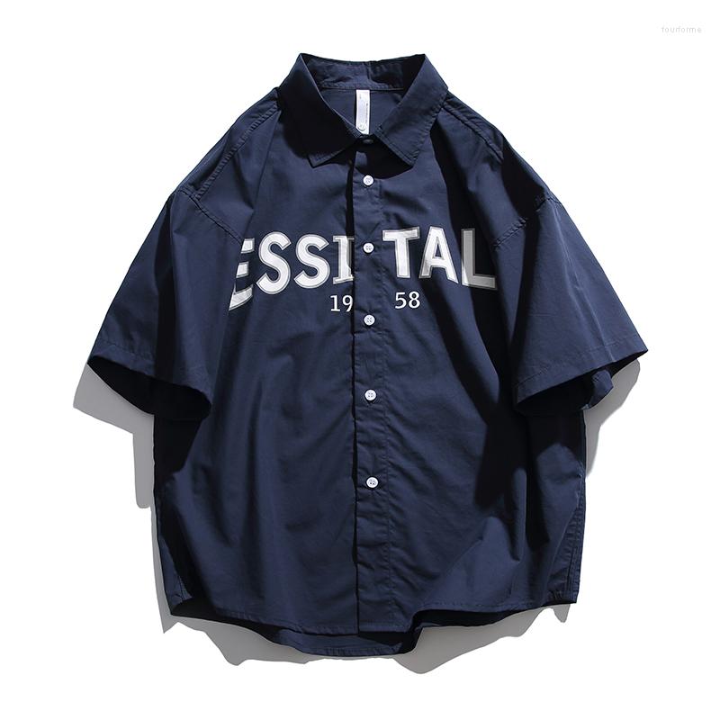 

Men's Casual Shirts Summer Oversize Letter Printed Shirt Men Button Blouse Fashion Korean Streetwear Trend Short Sleeve Clothing Tops Male, Navy blue