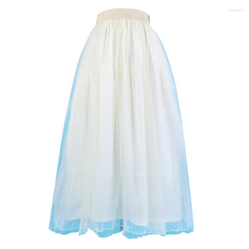

Skirts 2023 Spring Summer Korean Woman Elegant Sweet Fairycore Cute High Waist Long White Beading Tulle Skirt For Wedding Party Tutu, 01
