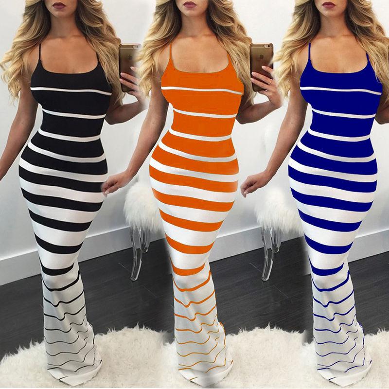 

QNPQYX New Women Summer Sexy Dress Striped Slim Off Shoulder Casual Bandage Bodycon Evening Party Long Maxi Skinny, Orange
