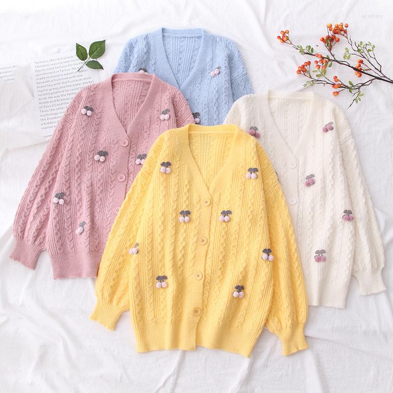 

Women's Knits 2023Women Knitted Cardigans Cherry JacquardBreasted Loose Casual Outwear Embroidery Sweater Coats V Neck Sweet SingleSweater, Pink