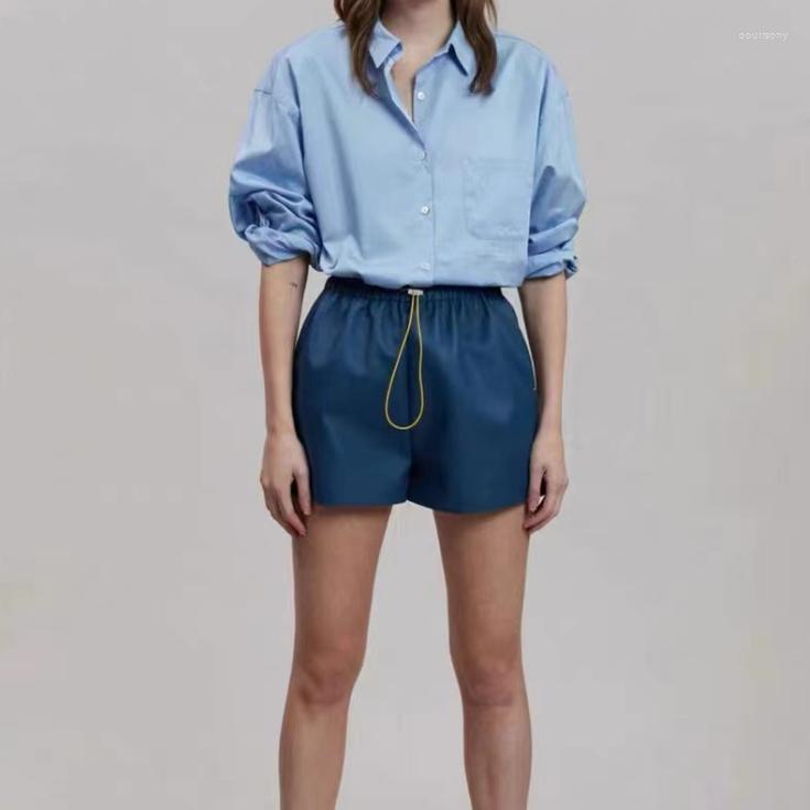 

Women's Shorts Summer Color Contrast Drawstring High Waist Casual PU Leather Slim Neutral Style, Beige