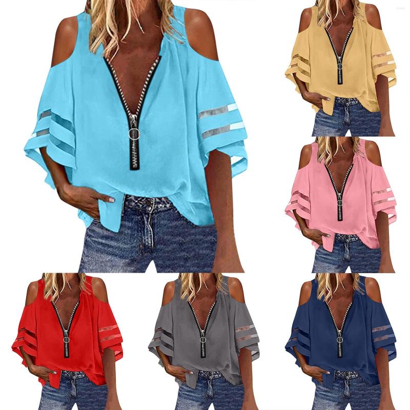 

Women's Blouses Women Blouse Loose Zipper Shirt Half Flared Sleeve Mesh Stitching Casual Graphic Pullover Slim Fit Street Vintage, Bu1
