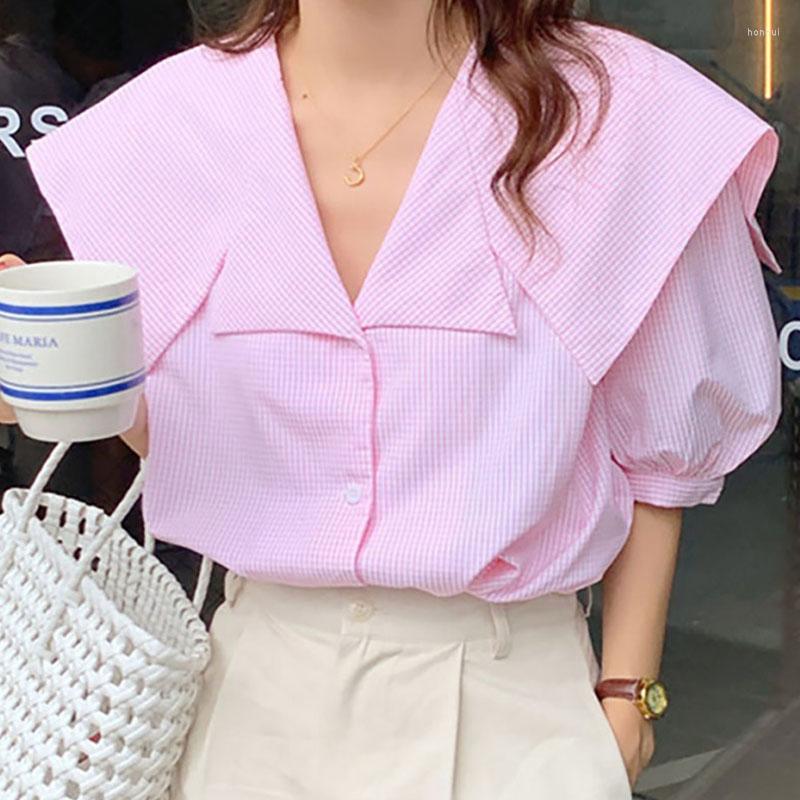 

Women's Blouses Korean Fashion Sailor Collar Short Sleeve Blusas Mujer Chic Plaid Single Breasted Women Summer Loose Shirts Tops, Photo color