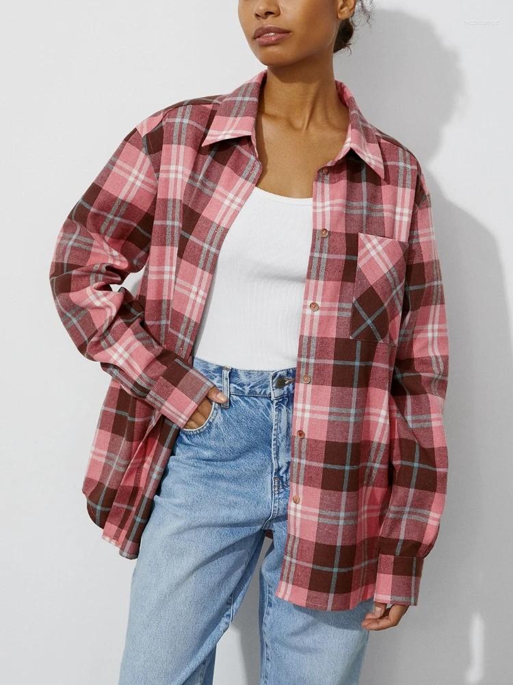 

Women' Blouses Women Retro Plaid Cotton Shirts Spring Autumn Office Ladies Pink Single-breasted Oversize Female Tops 2023