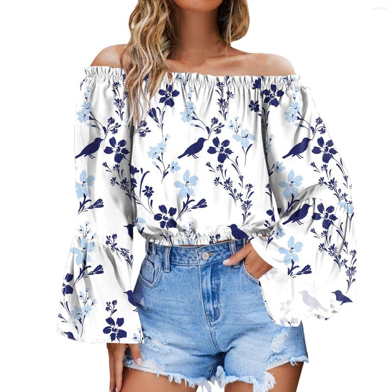 

Women's Blouses Women Off Shouler Blouse Crop Tops Floral Print Long Bell Sleeve Ladies Summer Oversized Ruffle Tunic Boho Beach Blusas