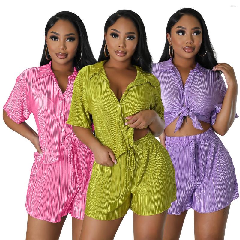 

Women's Tracksuits TETYSEYSH Summer Shirt Pleated Suit Women's 2PCS Outfit Fashion Short Sleeve Lapel Drawstring Shorts Matching Sets, Yellow green