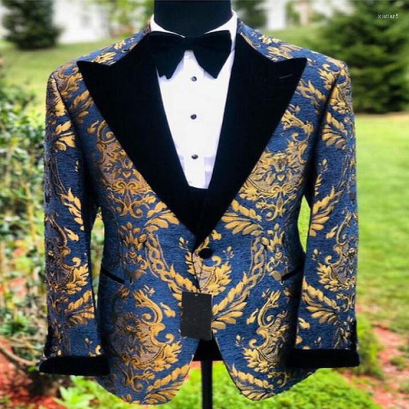

Men's Suits Blue Gold Jacquard Prom For Men 2 Piece Wedding Tuxedo Custom Floral Male Fashion Costume Jacket With Black Pants 2023, Blue and gold
