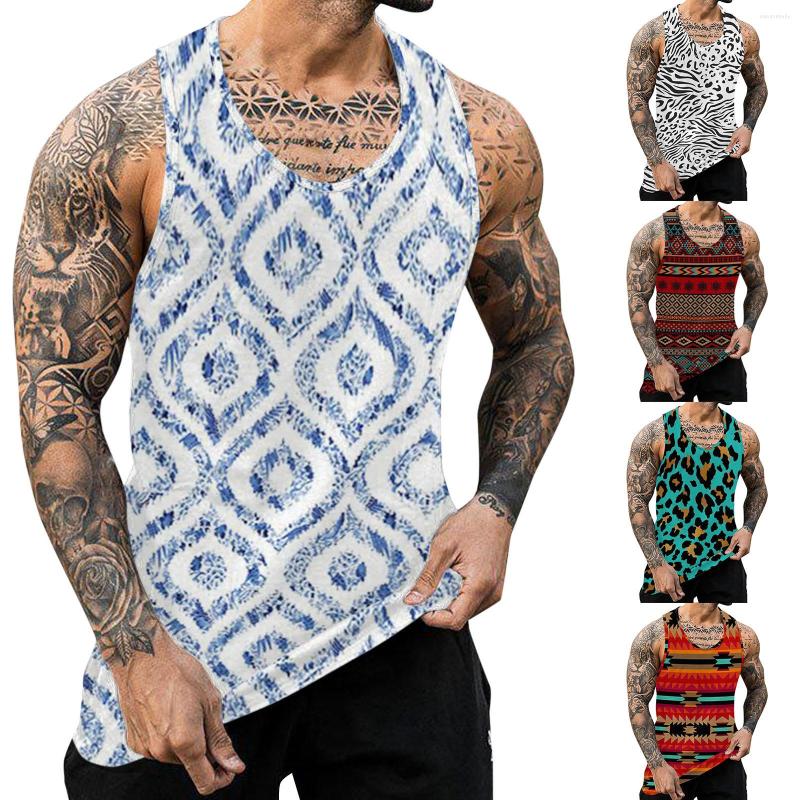 

Men's Tank Tops Men Top Sleeveless Crew Neck Leopard/Graphic Print Slim Fit Summer Vest For Casual Daily