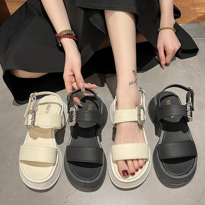 

Sandals Women Korean Platform 2023 Fashion Rhinestone Buckle Peep Toe Shoes Female Casual Roman Beach Sandalias, Black